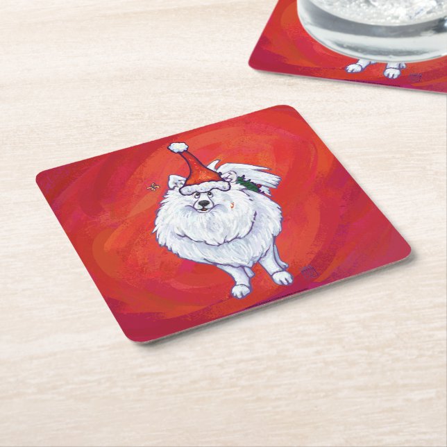 White Pomeranian in Santa Hat on Red Square Paper Coaster (Angled)