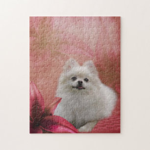 White Pomeranian Lily Flowers Dog Art Jigsaw Puzzle