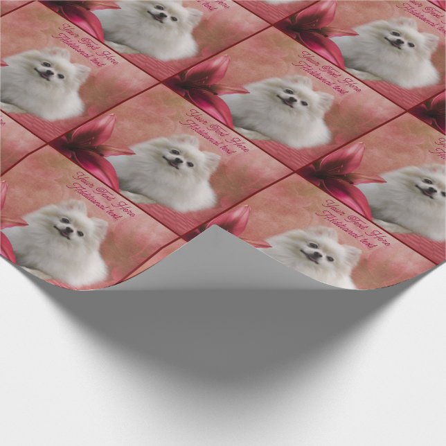 White Pomeranian Red Lily Dog Art Personalized Wrapping Paper (Corner)