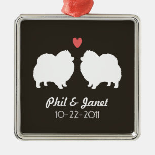 White Pomeranian Silhouettes Love Dogs Custom Metal Ornament