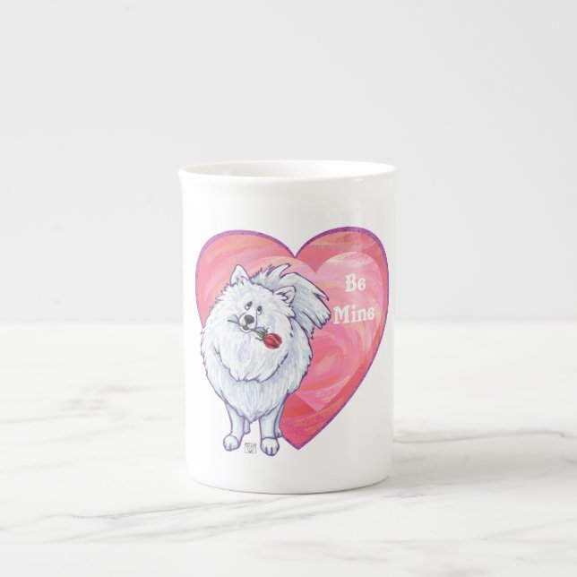 White Pomeranian Valentine's Day Bone China Mug (Front)