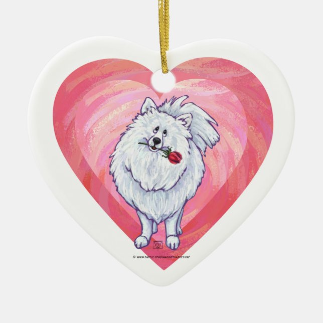 White Pomeranian Valentine's Day Ceramic Ornament (Front)
