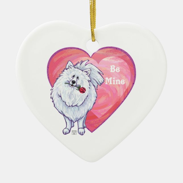 White Pomeranian Valentine's Day Ceramic Ornament (Front)