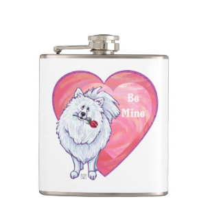 White Pomeranian Valentine's Day Hip Flask
