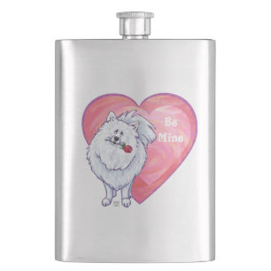 White Pomeranian Valentine's Day Hip Flask