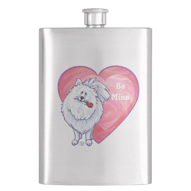 White Pomeranian Valentine's Day Hip Flask (Front)