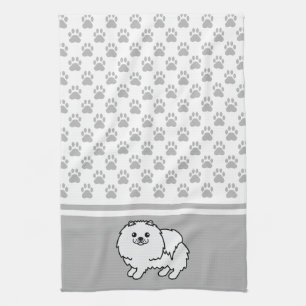 White Pomeranian With Grey Paws Pattern Kitchen Towel