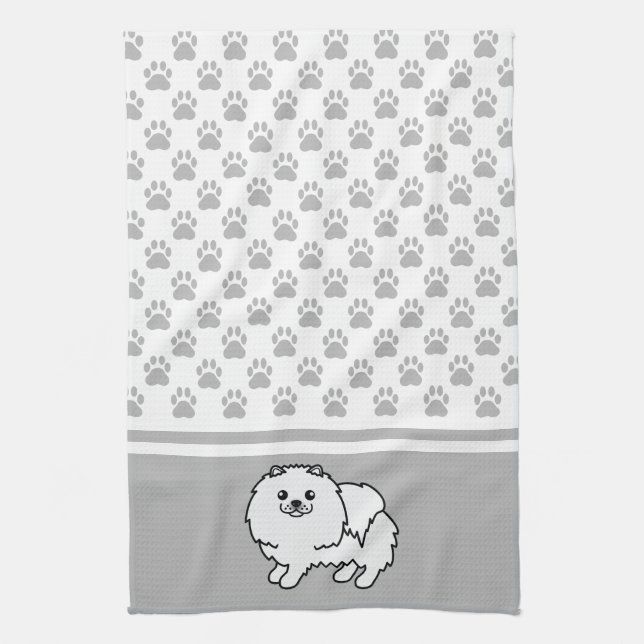 White Pomeranian With Grey Paws Pattern Kitchen Towel (Vertical)