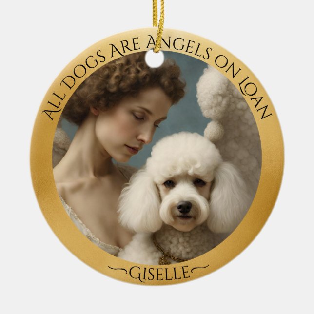 White Poodle Angel Personalized Memorial  Ceramic Ornament (Front)