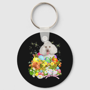 White Poodle Bunny Dog With Easter Eggs Basket Coo Keychain