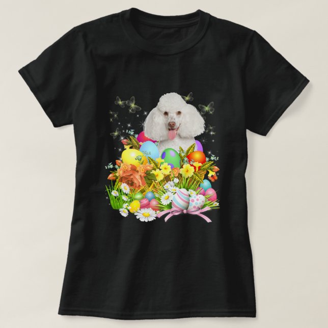 White Poodle Bunny Dog With Easter Eggs Basket Coo T-Shirt (Design Front)