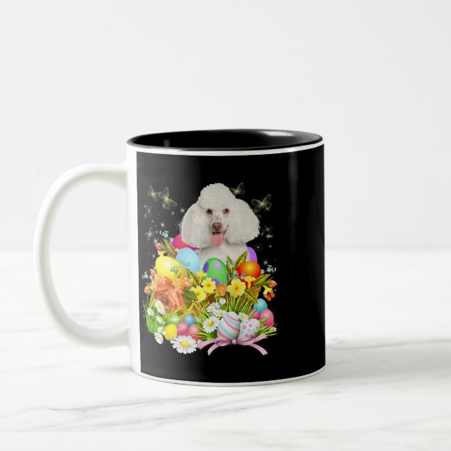 White Poodle Bunny Dog With Easter Eggs Basket Coo Two-Tone Coffee Mug (Left)