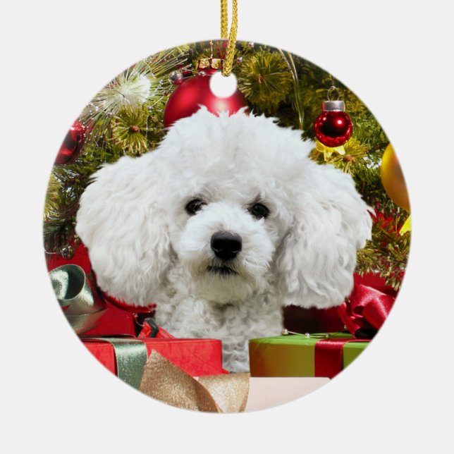 White Poodle Christmas Ceramic Ornament (Front)