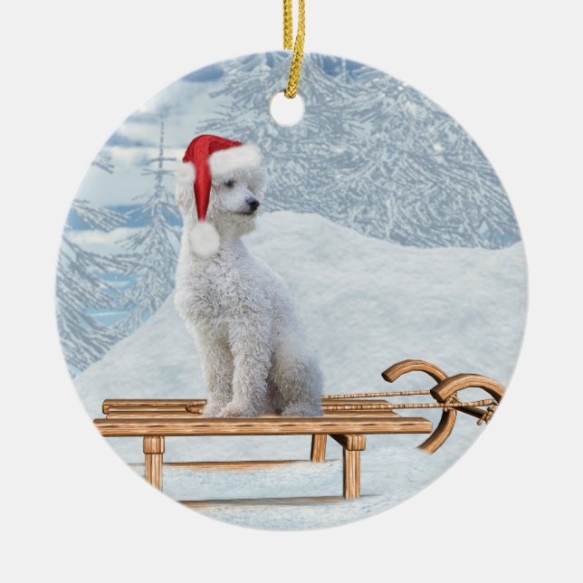 White Poodle Christmas Ceramic Ornament (Front)