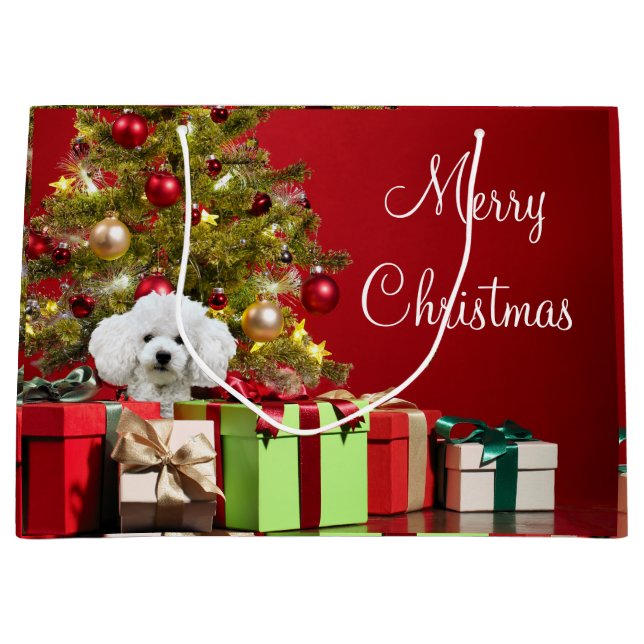 White Poodle Christmas Large Gift Bag (Front)