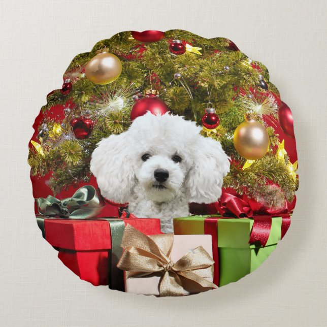 White Poodle Christmas Round Pillow (Front)