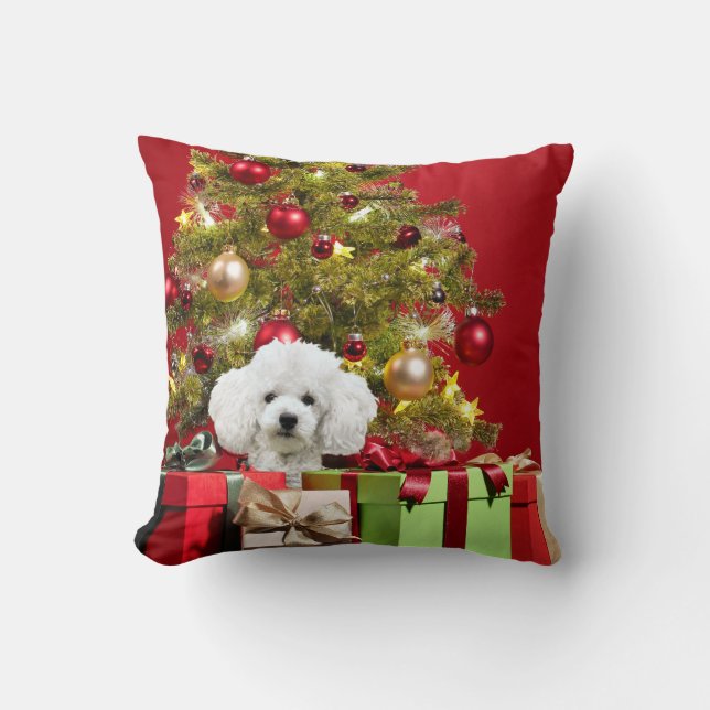 White Poodle Christmas Throw Pillow (Front)