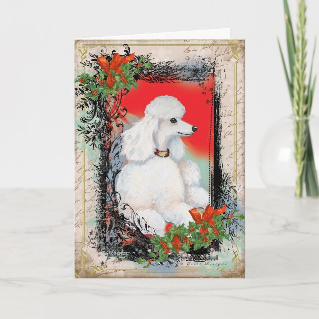 White Poodle Christmas Vintage Style Print Card (Front)
