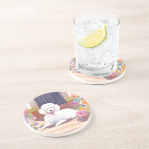 White Poodle Dog Pet Watercolor Flowers Coaster