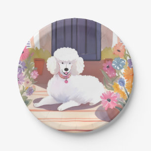 White Poodle   Dog Pet Watercolor Flowers Paper Plate