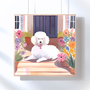 White Poodle   Dog Pet Watercolor Flowers Poster