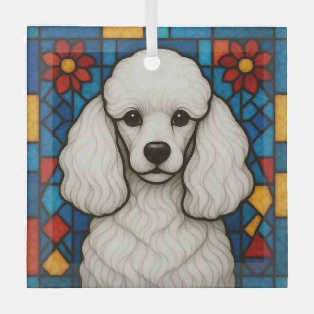 White Poodle Dog "Stained Glass"  Glass Ornament (Front)
