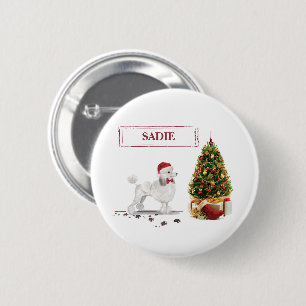 White Poodle Funny Christmas Dog with Tree 2 Inch Round Button