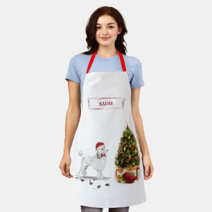 White Poodle Funny Christmas Dog with Tree Apron