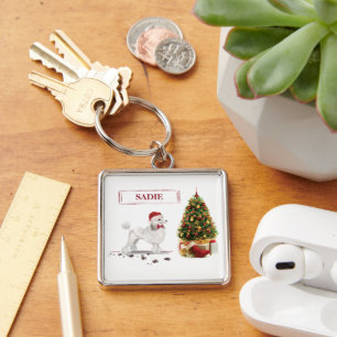 White Poodle Funny Christmas Dog with Tree Keychain