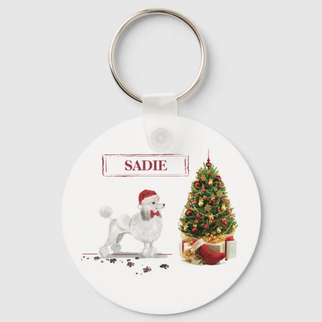 White Poodle Funny Christmas Dog with Tree Keychain (Front)