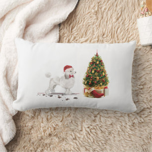 White Poodle Funny Christmas Dog with Tree Lumbar Pillow
