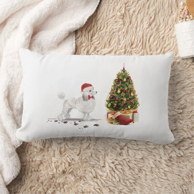 White Poodle Funny Christmas Dog with Tree Lumbar Pillow (Blanket)