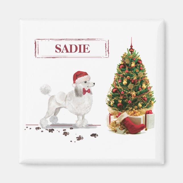 White Poodle Funny Christmas Dog with Tree Magnet (Front)