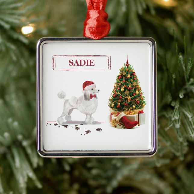 White Poodle Funny Christmas Dog with Tree Metal Ornament (Tree)