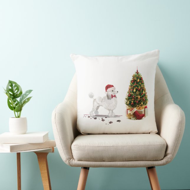 White Poodle Funny Christmas Dog with Tree Throw Pillow (Chair)