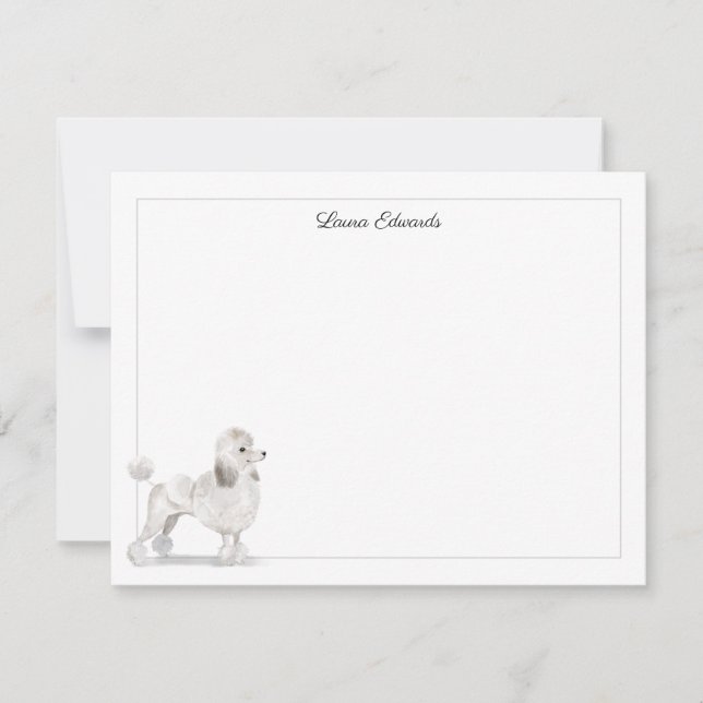 White Poodle Grey Border Personalized Stationery Card (Front)