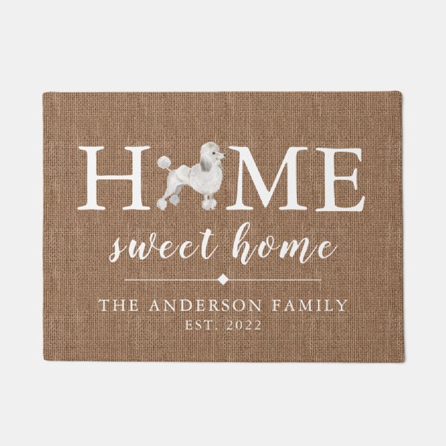 White Poodle Home Sweet Home Personalized Doormat (Front)