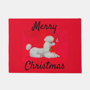 White Poodle on Red Carpet Christmas Doormat