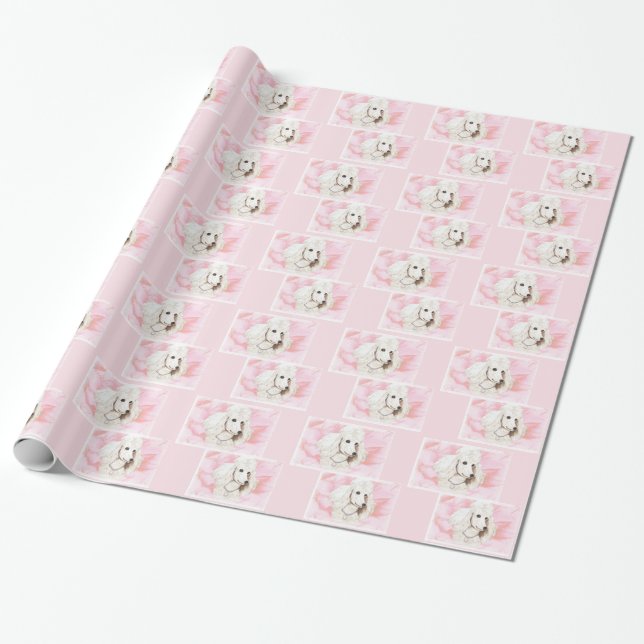 White Poodle Pink Rose Wrapping Paper (Unrolled)