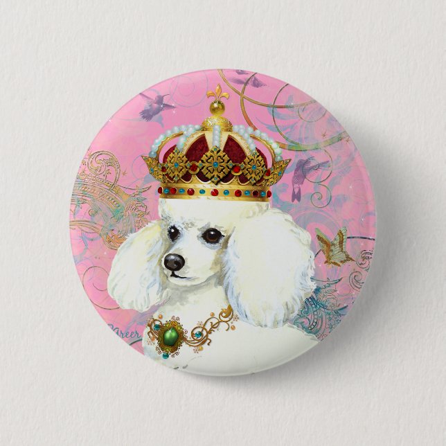 White Poodle Princess with Hummingbirds 2 Inch Round Button (Front)