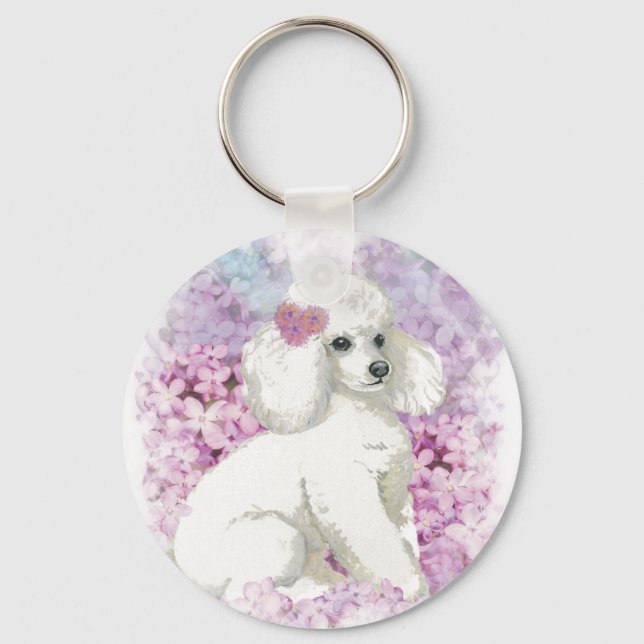 White Poodle Puppy Lilacs Art Design Keychain (Front)