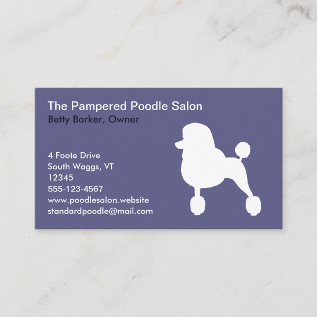 White Poodle Silhouette (Standard, Fancy Haircut) Business Card (Front)