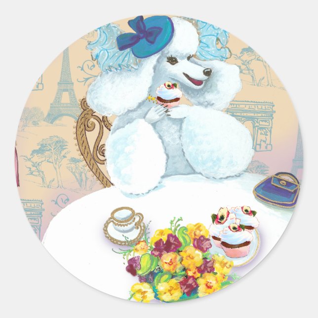 White Poodle Tea Party Classic Round Sticker (Front)