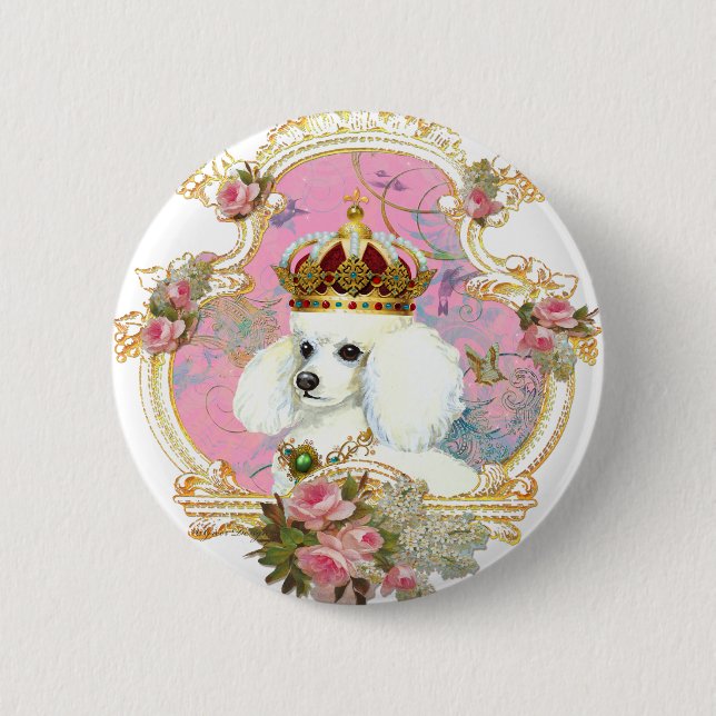 white poodle wi pink roses gold fr fini clr bkgrnd 2 inch round button (Front)
