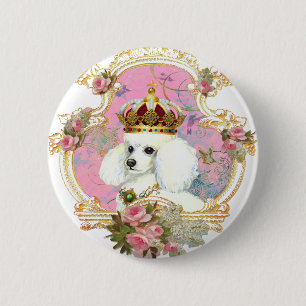 white poodle wi pink roses gold fr fini clr bkgrnd 2 inch round button