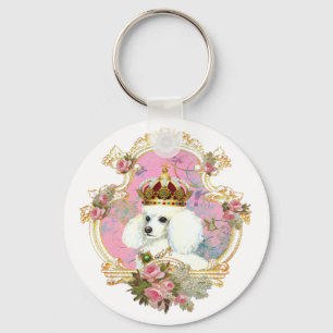 white poodle wi pink roses gold fr fini clr bkgrnd keychain