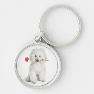 White Poodle with Carnation Key Premium Chain Keychain