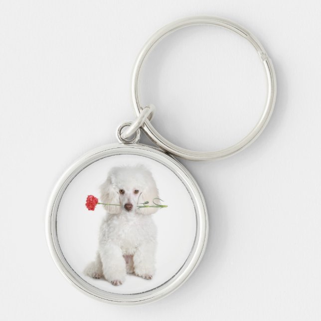 White Poodle with Carnation Key Premium Chain Keychain (Front)