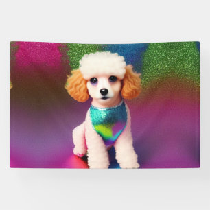 White Poodle with Cream Ears on Rainbow Sparkle Banner