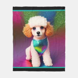 White Poodle with Cream Ears on Rainbow Sparkle    Fleece Blanket